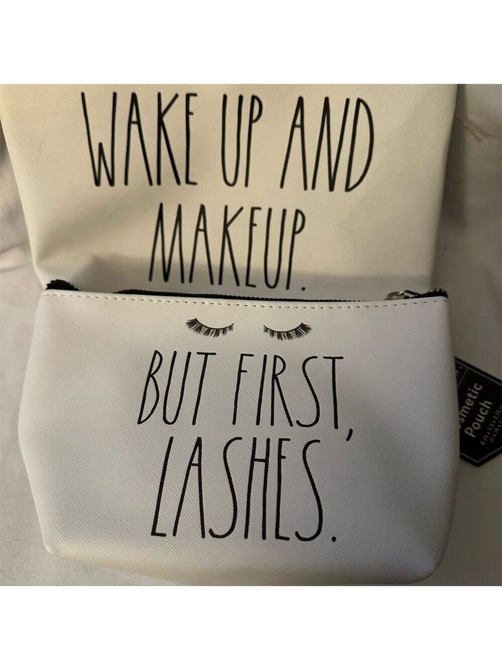 Rae Dunn Makeup Bag Set But First, Lashes & Wake Up and Makeup (White)